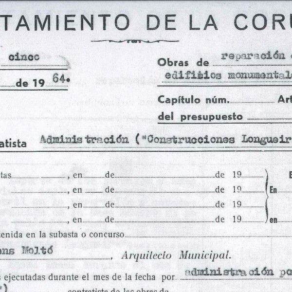 Factura del Ayuntamiento de A Coruña, en la que se adjudican 165.000 pesetas para la Casa Cornide.