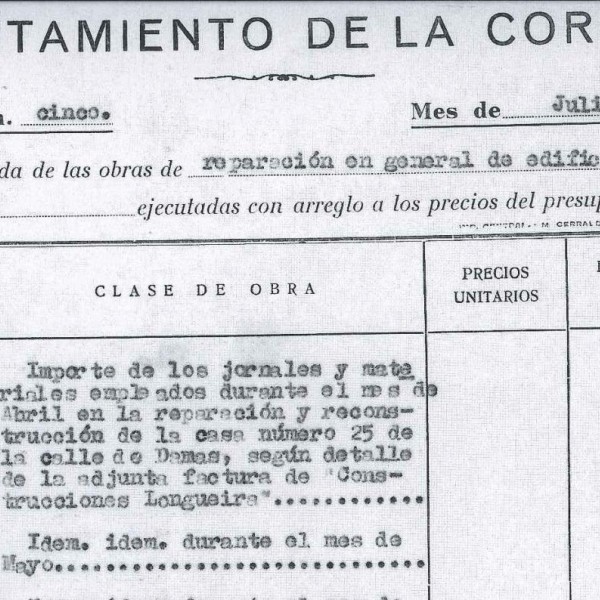 Factura del Ayuntamiento de la Coruña de 1964. Presupuesto de un millón de pesetas para la Casa Cornide en concepto de “reparación en general de edificios monumentales”.