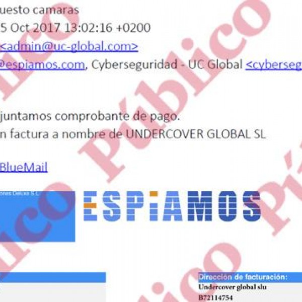 E-mail de UC Global pidiendo la factura, que aparece debajo, de los equipos de espionaje.