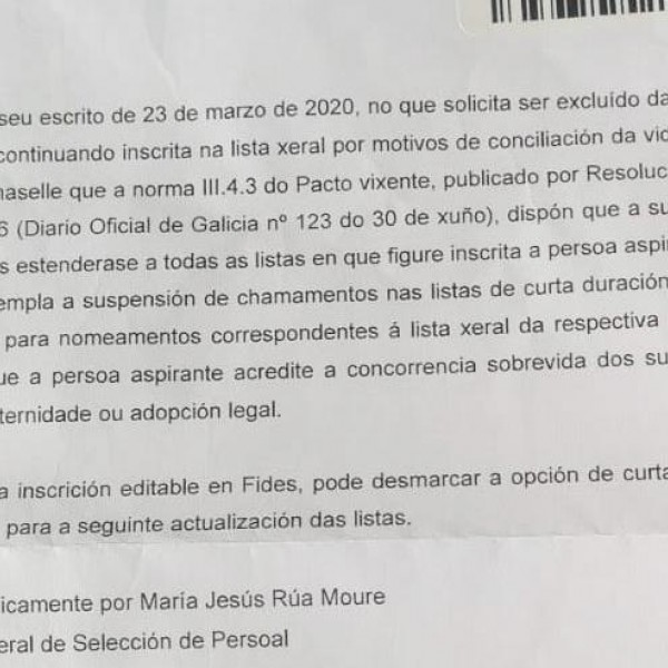 Respuesta del Sergas a Karla Yáñez a la petición del cambio de lista. - Cedida