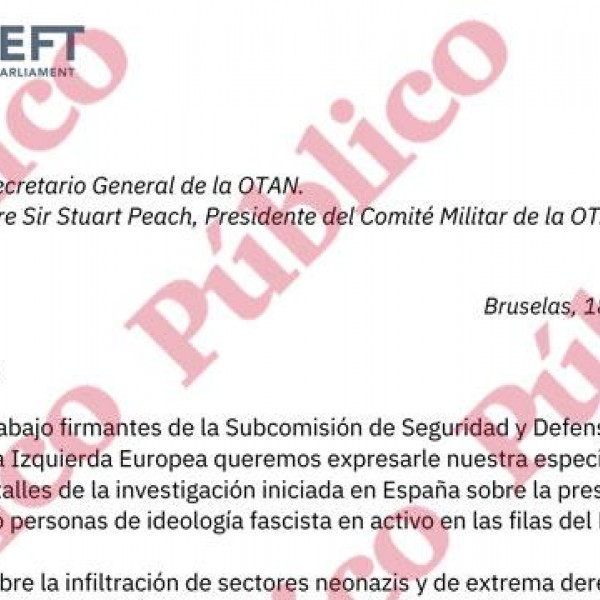 Primera página de la carta de eurodiputados al Alto Mando de la OTAN sobre la presencia de neonazis en el Ejército español.