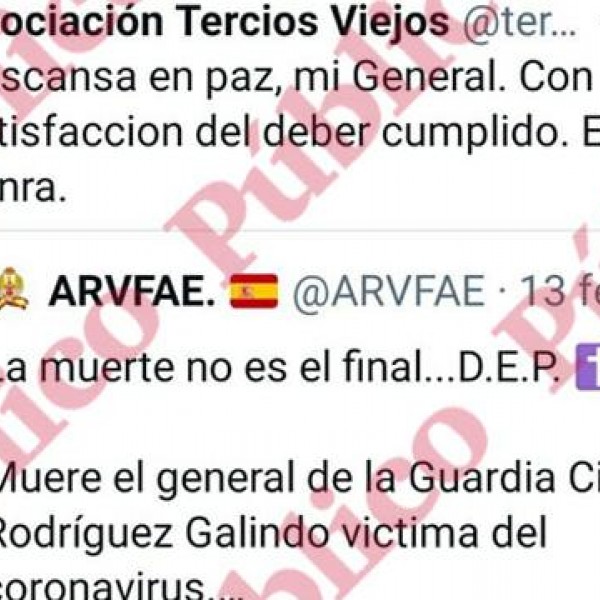 Tuit de Tercios Viejos por el general Galindo y retuit de Díaz Ayuso.