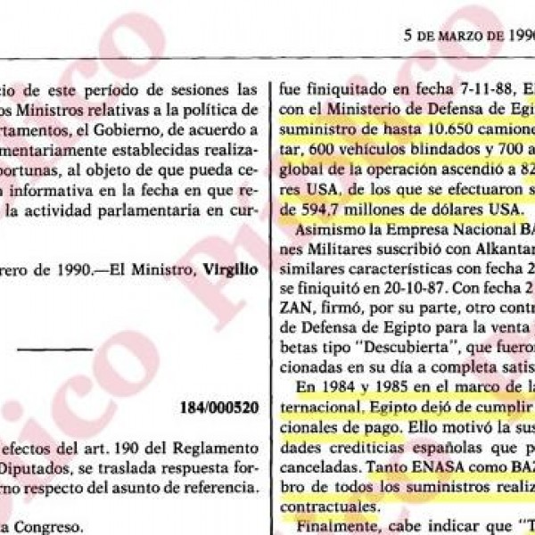 Respuesta gubernamental en el Congreso sobre las ventas de material militar de Alkantara a Egipto.