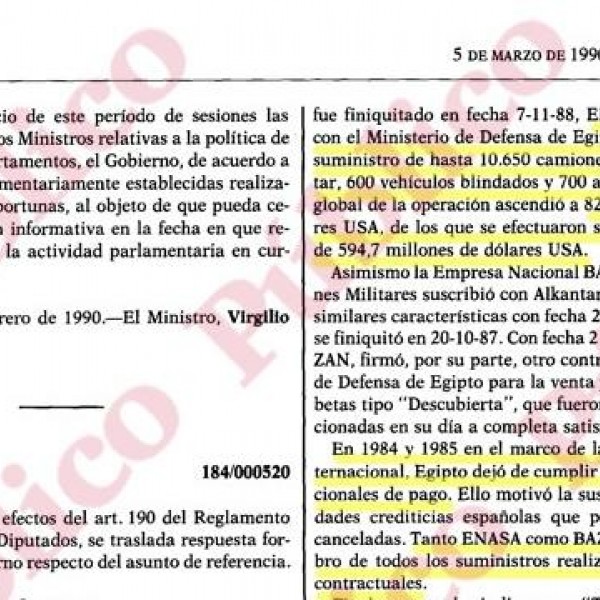 Respuesta gubernamental en el Congreso sobre las ventas de material militar de Alkantara a Egipto.