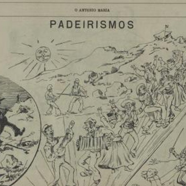 Dibujo en prensa satirizando la revuelta. Los revolucionarios aparecen como alborotadores, algnos tocando la gaita encima de un caballo con la inscripción «Pra Vigo» [«Para Vigo»] (LUZES)