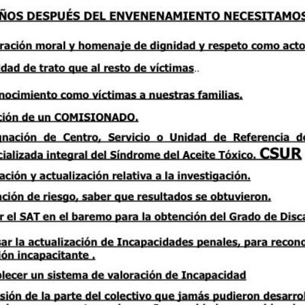 Reivindicaciones de las víctimas de la intoxicación por el aceite de colza.