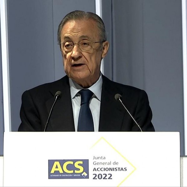 El presidente de ACS, Florentino Pérez, durante su intervensión en la junta de accionistas de la constructora, en Madrid.