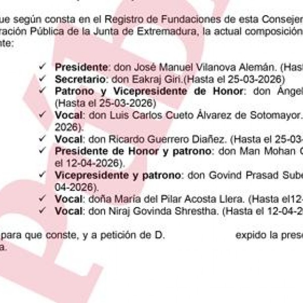 Documento oficial del Registro de Fundaciones de la Junta de Extremadura con los detalles de la Fundación Lumbini Garden
