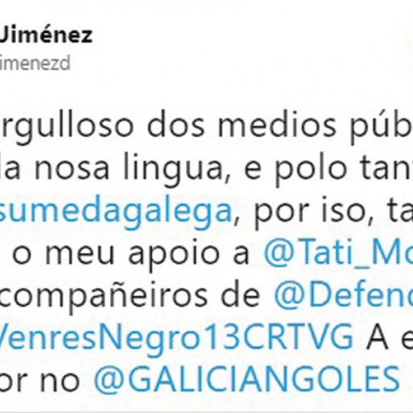 7/11/22 El tuit Jiménez en apoyo a la periodista Tati Moyano tras el que la CRTVG empezó a acusarle de de competencia desleal.