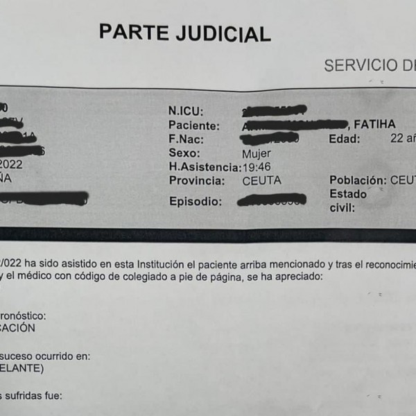 parte de lesiones de Ahmed tras acudir a Urgencias del Hospital de Ceuta.