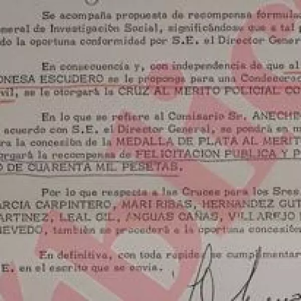 Propuesta de la Dirección General de Seguridad para una medalla al mérito policial para Villarejo