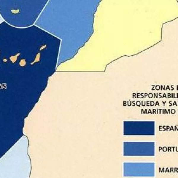Imagen de las zonas de búsqueda y rescate de España, Marruecos y Portugal, según el derecho marítimo internacional.