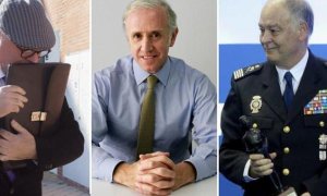 De izquierda a derecha, el excomisario José Manuel Villarejo, el periodista Eduardo Inda, y el ex número dos de la Policía Eugenio Pino. EFE