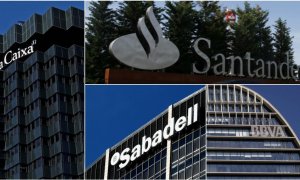 Detalle de las sedes de Caixabank, Banco Santander, Banco Sabadell, y BBVA. REUTERS