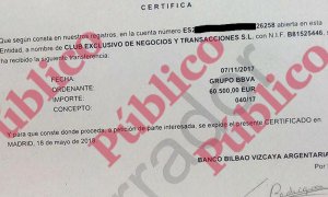 Fragmento de uno de los certificados emitidos por el BBVA sobre los ingresos de 60.500 euros en la cuenta corriente del excomisario Villarejo.
