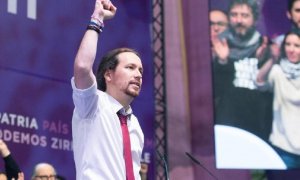 Pablo Iglesias, tras ser elegido como secretario general de Podemos en Vistalegre II.  MANOLO FINISH / CTXT