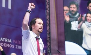 Pablo Iglesias, tras ser elegido como secretario general de Podemos en Vistalegre II.  MANOLO FINISH / CTXT