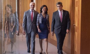 Imagen de Andrea Orcel con Ana P. Botín y  y José Antonio Álvarez, en la Ciudad Financiera del Banco Santander, el 25 de septiembre de 2018, cuando se anunció el fichaje del banquero italiano como consejero delegado de la entidad.