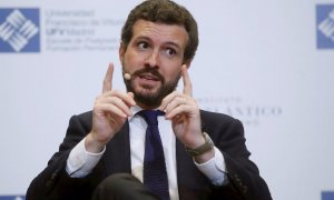 El presidente del PP, Pablo Casado, durante su participación en un foro del Instituto Atlántico de Gobierno (IADG) | EFE