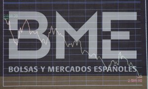 Panel de Bolsas y Mercados Españoles (BME) en un gráfico del interior del Palacio de la Bolsa de Madrid. E.P./Eduardo Parra