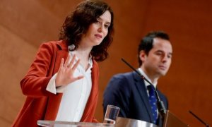 La presidenta de la Comunidad de Madrid, Isabel Díaz Ayuso junto a su vicepresidente Ignacio Aguado en una comparecencia conjunta. Fuente: CAM