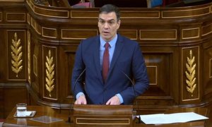 El presidente del Gobierno, Pedro Sánchez, en su comparecencia de este jueves en el Congreso de los Diputados, para reclamar el apoyo a la prórroga del estado de alarma para luchar contra el Covid-19.