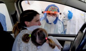 Una mujer y su hija se someten a un test para detectar el coronavirus desde su coche en la ciudad de Pozzuoli, cerca de Nápoles (Italia) /EFE