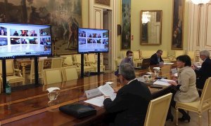 14/05/2020.- La ministra de Educación y Formación Profesional, Isabel Celaá (3d), participa en la Conferencia Sectorial telemática con los consejeros autonómicos para debatir cómo será el final del curso escolar afectado desde el pasado marzo por la crisi