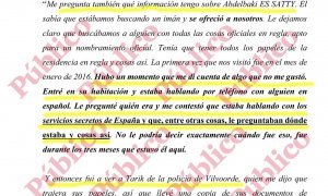 Reproducción del testimonio de Soliman Akaychouh que figura en el folio 11.461 del sumario de los atentados de Barcelona, según el escrito de la defensa que pide revocar el auto de cierre de la instrucción del caso.