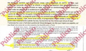 Los dos fragmentos, en el original neerlandés y su traducción, del testimonio de Soliman Akaychouh, revelando que Es Satty hablaba con el CNI desde Bélgica en 2016 tal como figuran en el sumario del 17-A.