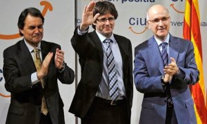 Fotografía de archivo de Artur Mas, Carles Puigdemont y Josep Antoni Duran Lleida durante un mitin en Girona. - EFE