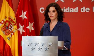 La presidenta de la Comunidad de Madrid, Isabel Díaz Ayuso, durante la rueda de prensa ofrecida este jueves en la Real Casa de Correos, sede del Gobierno regional, para analizar el auto del Tribunal Superior de Justicia de Madrid (TSJM) que ha rechazado l