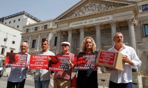 Representantes de la lucha por la regulación de la eutanasia entregan en el Congreso más de un millón de firmas para solicitar que se despenalice la ayuda a morir dignamente. EFE