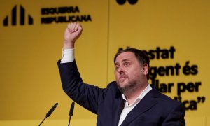 El presidente de Esquerra, Oriol Junqueras, ofrece un discurso durante un mitin en Manresa.