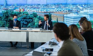 El líder del PP, Pablo Casado, y su número dos, Teodoro García Egea, presiden el comité de dirección del partido.