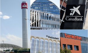 Los logos de los cinco grandes bancos (Santander, BBVA, Caixabank, Sabadell, Bankinter), en sus respectivas sedes.