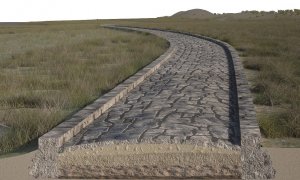 Reconstrucción del tramo de calzada romana detectado en la zona norte de la laguna de Venecia y el aspecto actual.