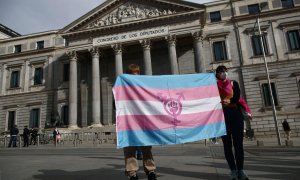 Dos personas sostienen una bandera trans durante una concentración convocada frente al Congreso de los Diputados en Madrid (España). Foto de archivo.