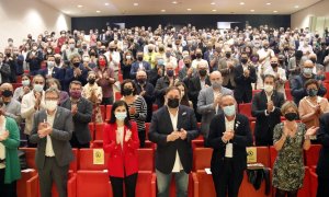 Els assistents a l'acte municipalista d'ERC celebrat a Lleida, amb el president del partit, Oriol Junqueras, al centre.