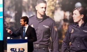 El presidente del PP, Pablo Casado, durante su intervención este miércoles 1 en el Congreso del Sindicato Unificado de la Policía (SUP) celebrado en Toledo.