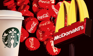 Imagen combinada de las marcas estadounidenses Coca Cola, McDonald's y Starbucks