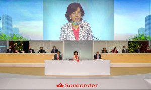 La presidenta del Banco Santander, Ana Botín, durante su intervención en la junta de accionistas de la entidad. EFE/Banco Santander/Javier Vazquez