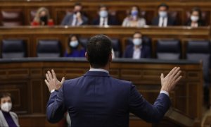 06/04/2022.- El presidente del Gobierno, Pedro Sánchez, interviene durante la sesión de control al Gobierno, este miércoles, en el Congreso de los Diputados. EFE/ Emilio Naranjo