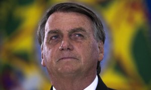 07/04/2022 - El presidente de Brasil, Jair Bolsonaro, en el Palacio do Planalto durante la Ceremonia de Felicitación a los Oficiales Generales ascendidos, en Brasilia.