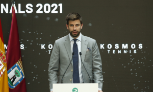 El futbolista y promotor del torneo, Gerard Piqué, interviene en la presentación oficial de las finales de la Copa Davis 2021 en la Real Casa de Correos