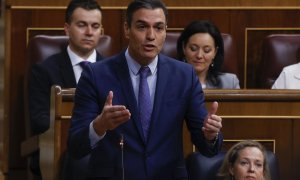 27/04/2022.- El presidente del Gobierno, Pedro Sánchez (i) interviene junto a la ministra de Economía y vicepresidenta primera Nadia Calviño (d) durante el Pleno del Congreso celebrado este miércoles. EFE/ J.J.Guillén