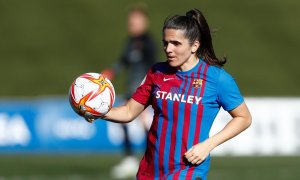 Andrea Pereira of FC Barcelona in action during the spanish women league, Primera Iberdrola, football match played between Real Madrid and FC Barcelona at Alfredo di Stefano stadium on December 12, 2021, in Valdebebas, Madrid, Spain.
