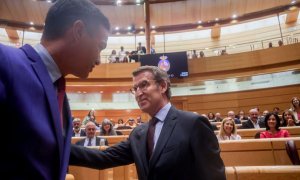 El presidente del Gobierno, Pedro Sánchez, y el líder del PP, Alberto Núñez Feijóo, se saludan en una sesión plenaria en el Senado, a 7 de junio de 2022, en Madrid.