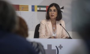 15/06/2022. La ministra de Sanidad, Carolina Darias, comparece tras una reunión plenaria de carácter extraordinario del Consejo Interterritorial del SNS (CISNS), en el Palacio de la Generalitat Valenciana, a 15 de junio de 2022.