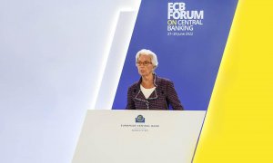 La presidenta del BCE, Christine Lagarde, durante su intervención en la inauguración del foro de bancos centrales,en Sintra (Portugal).